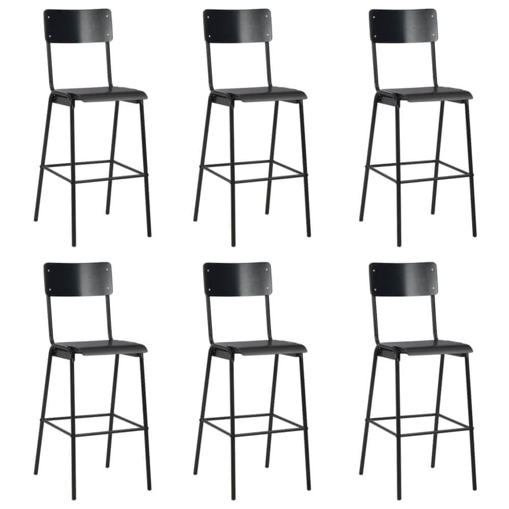 Vidaxl Barové stoličky 6 ks čierne preglejka a oceľ